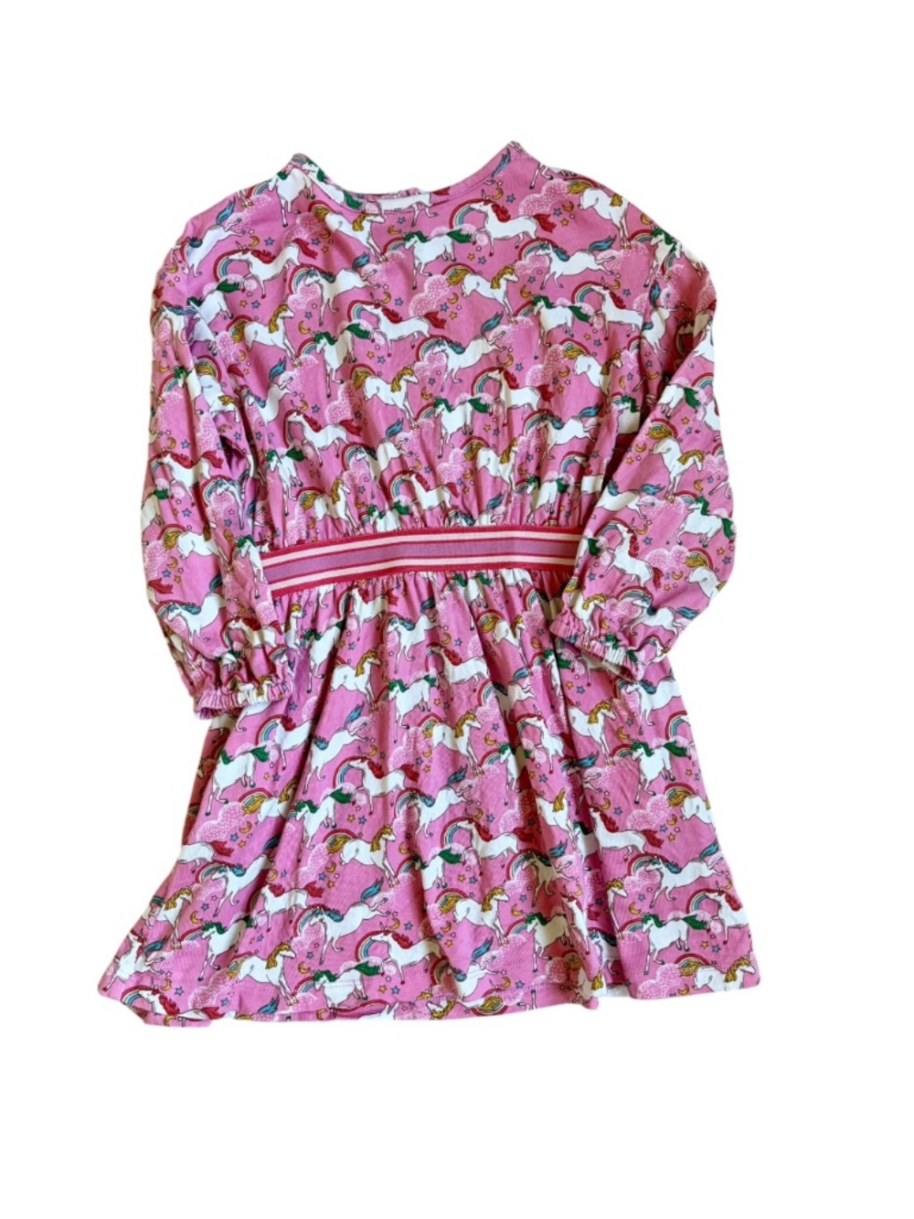 Mini Boden Girls 5-6 Pink Unicorn Rainbow Long Sleeve Dress